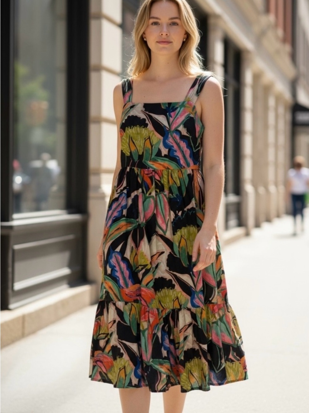 Self Contrast Anthropologie Black Multi Floral Tiered Midi Dress NWT XS